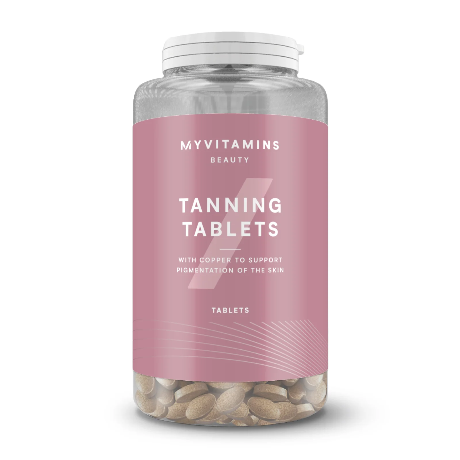 Een doorzichtige pot met een roze etiket, gevuld met beige tabletten en een witte deksel.