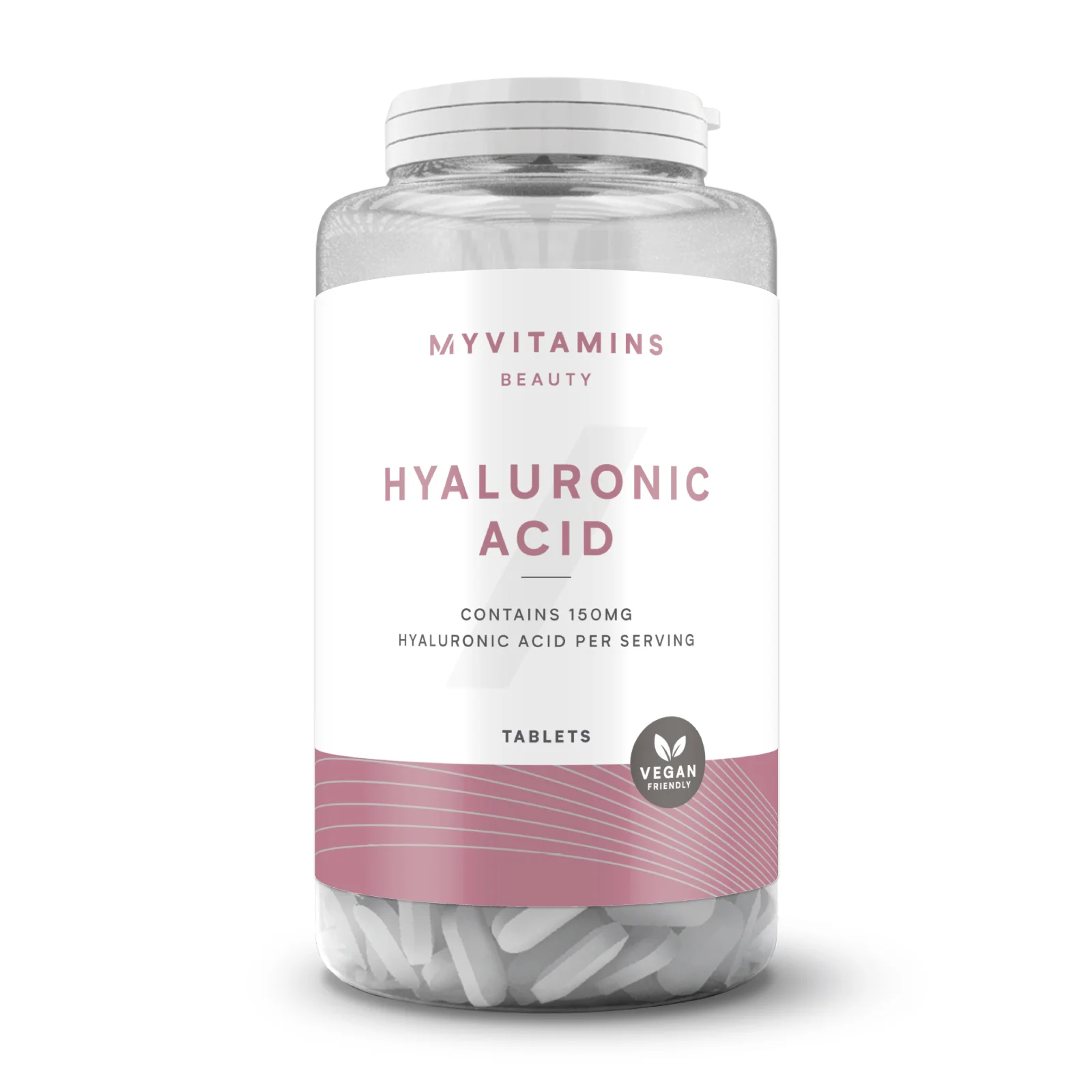 Doorzichtige pot met witte hyaluronzuurtabletten van Myvitamins, met een wit etiket.