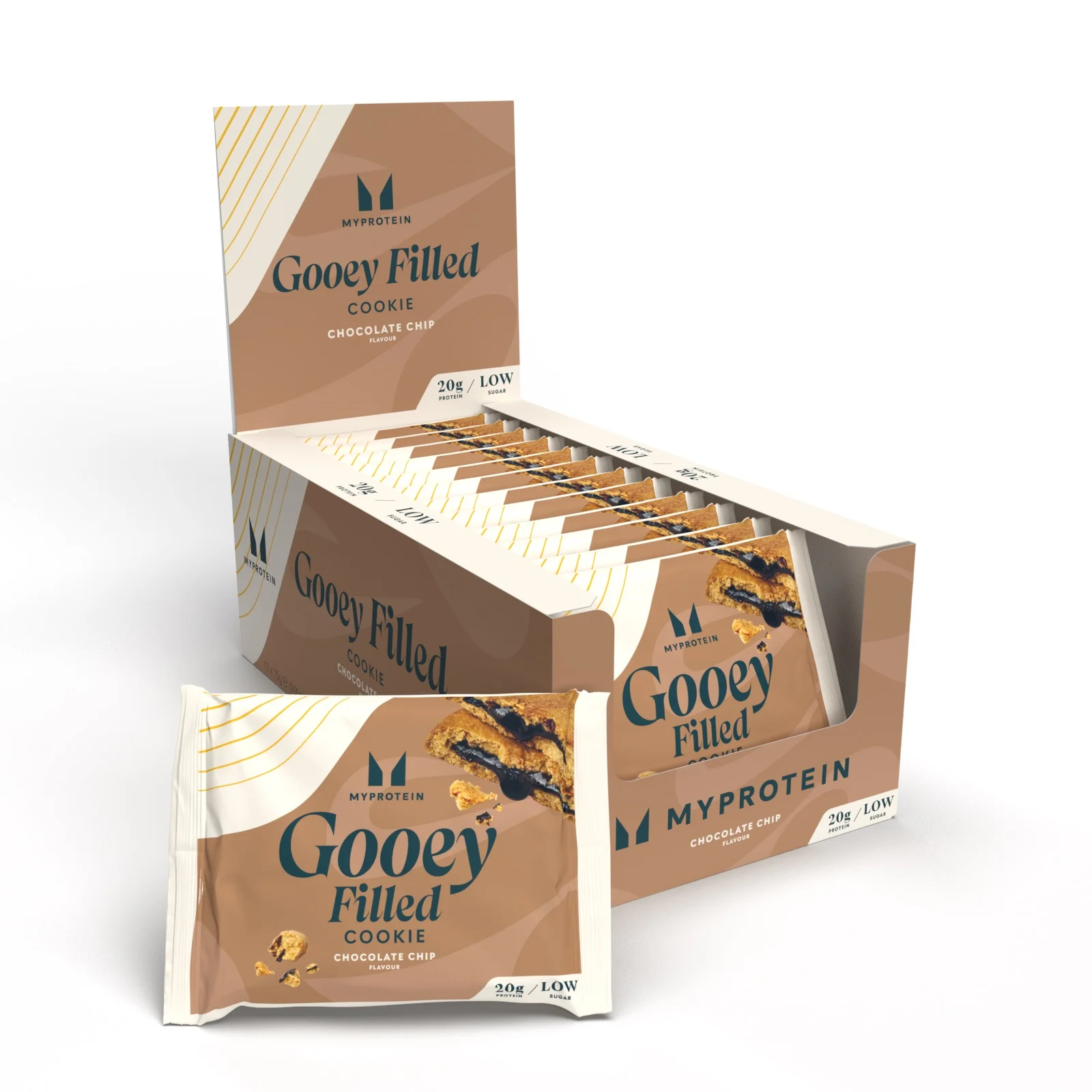 Een doos met twaalf individueel verpakte, bruine Myprotein 'Gooey Filled' koeken met chocoladesmaak.