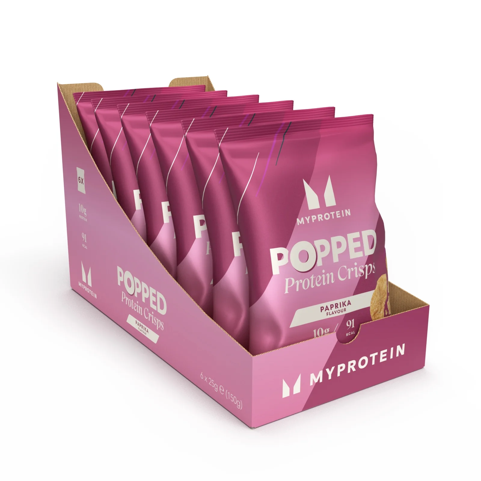 Doos met zes zakjes Myprotein Protein Crisps, paprika smaak, in een roze verpakking.