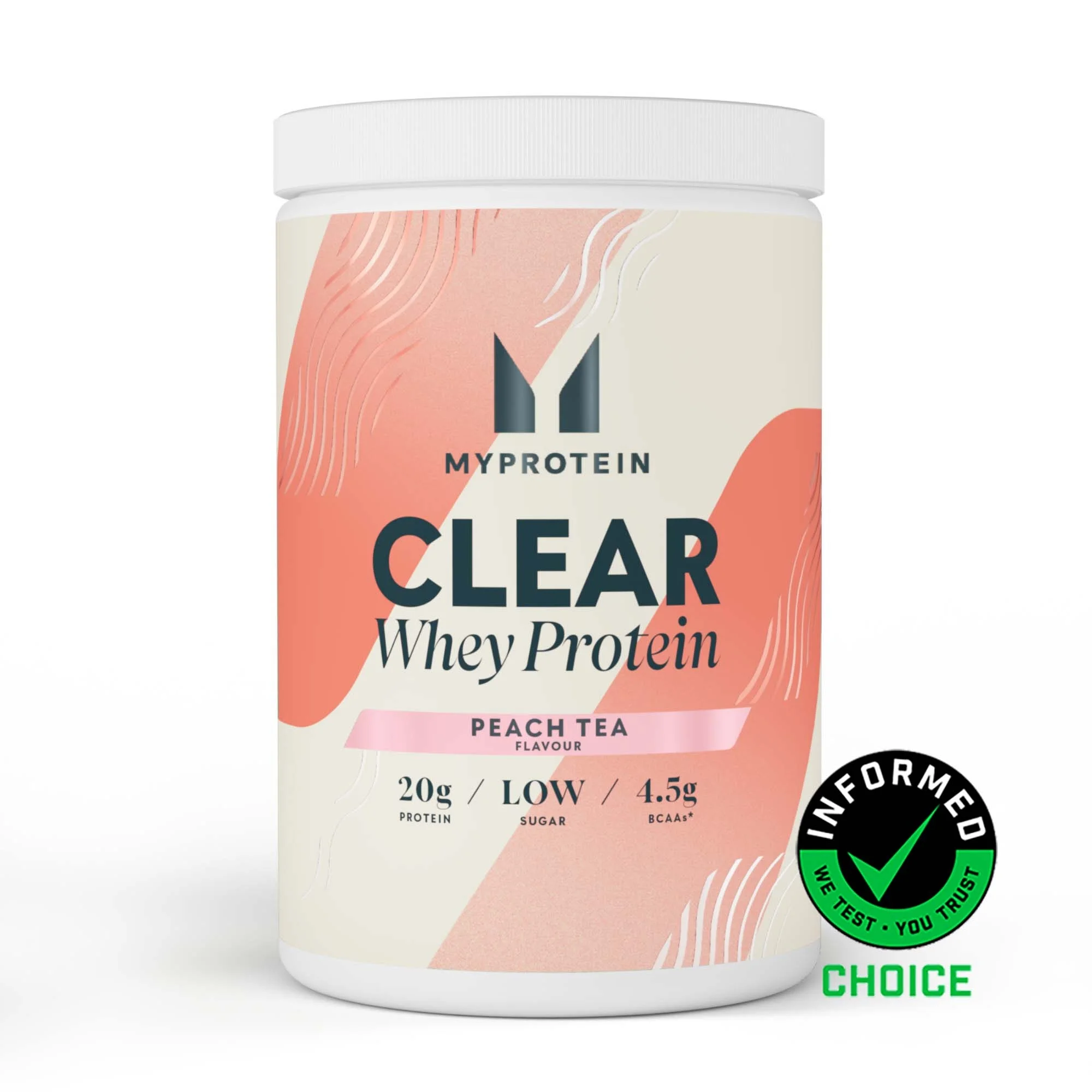 Witte pot met een etiket in perzik-kleuren, met de tekst "Clear Whey Protein" van Myprotein.