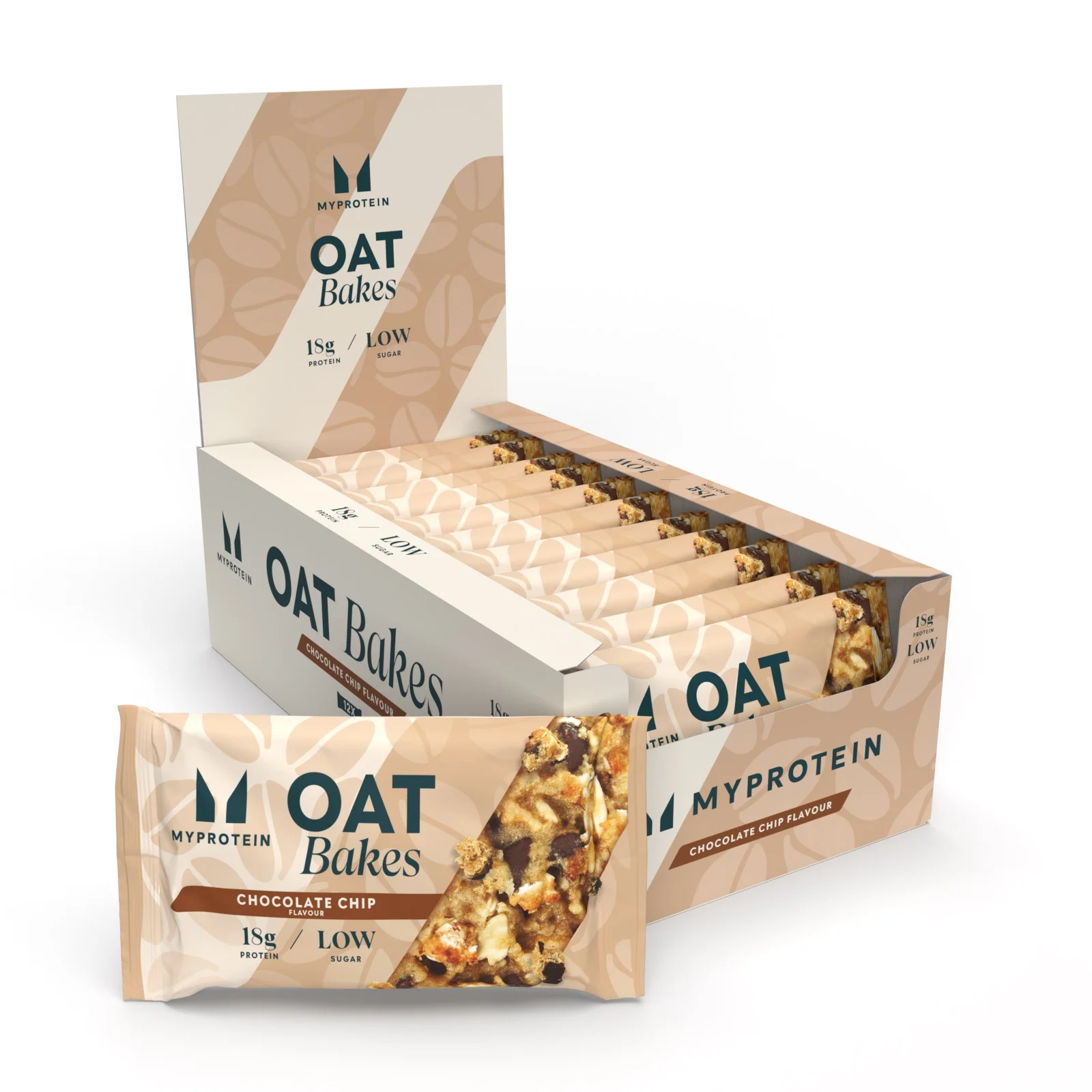Een doos met Myprotein havermoutrepen, individueel verpakt in beige wikkels met chocoladestukjes.