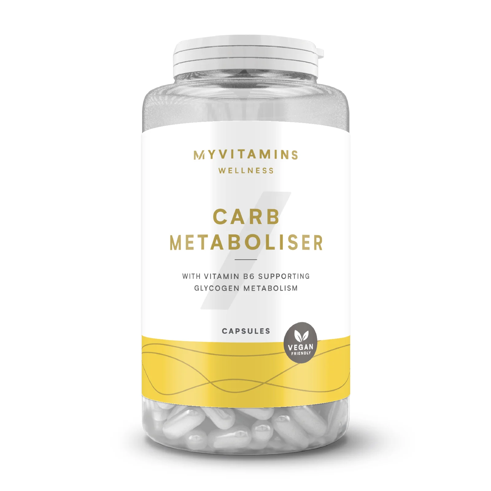 Transparante pot met witte capsules en een wit etiket met gele accenten.