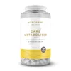 Transparante pot met witte capsules en een wit etiket met gele accenten.