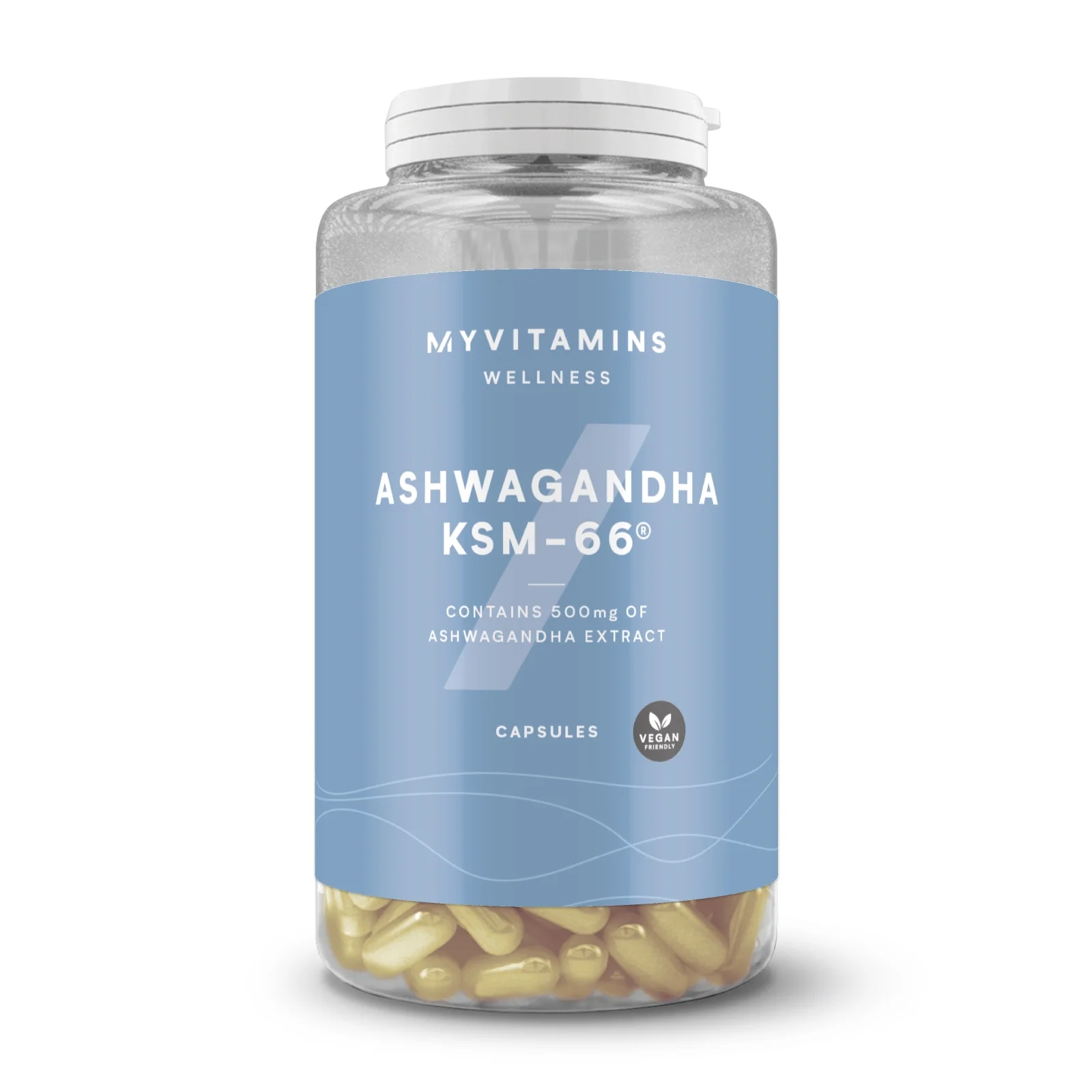 Transparante pot met witte dop, gevuld met goudkleurige capsules, met een blauw etiket.