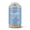 Transparante pot met witte dop, gevuld met goudkleurige capsules, met een blauw etiket.