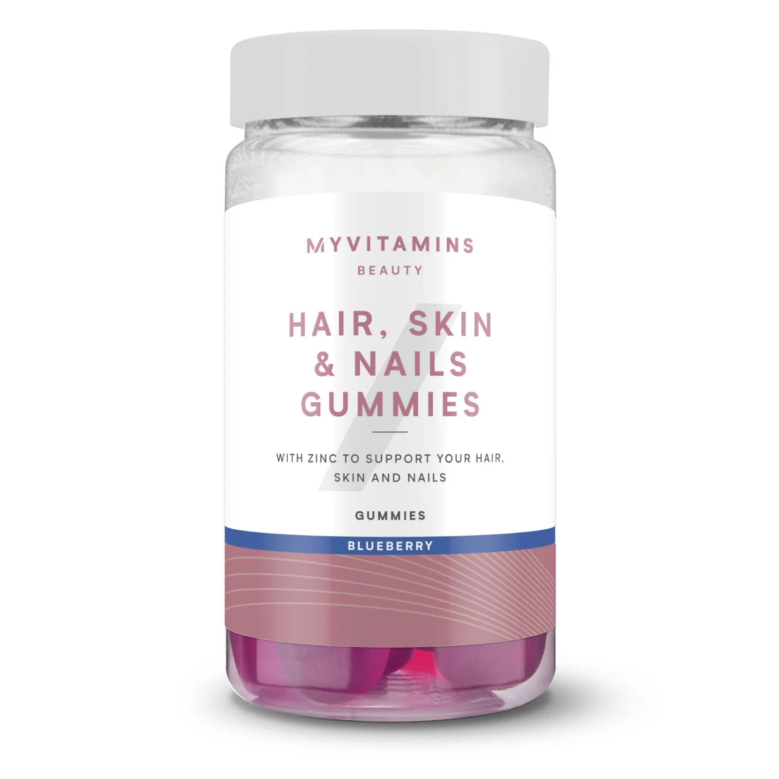 Een doorzichtige pot met blauwe gummies en een wit etiket met de tekst "Hair, Skin & Nails Gummies.