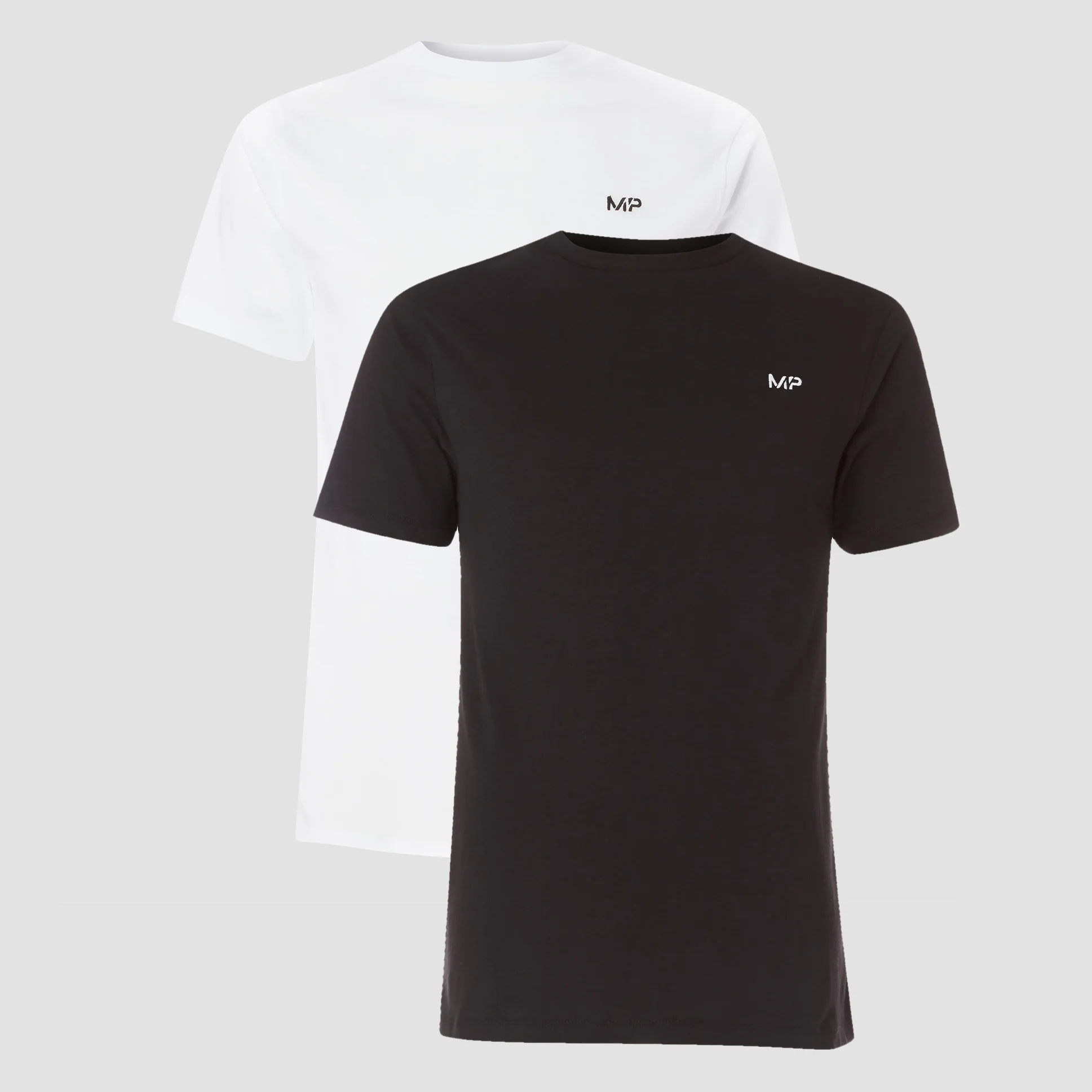 Twee T-shirts, een zwarte en een witte, met korte mouwen en het MP-logo.