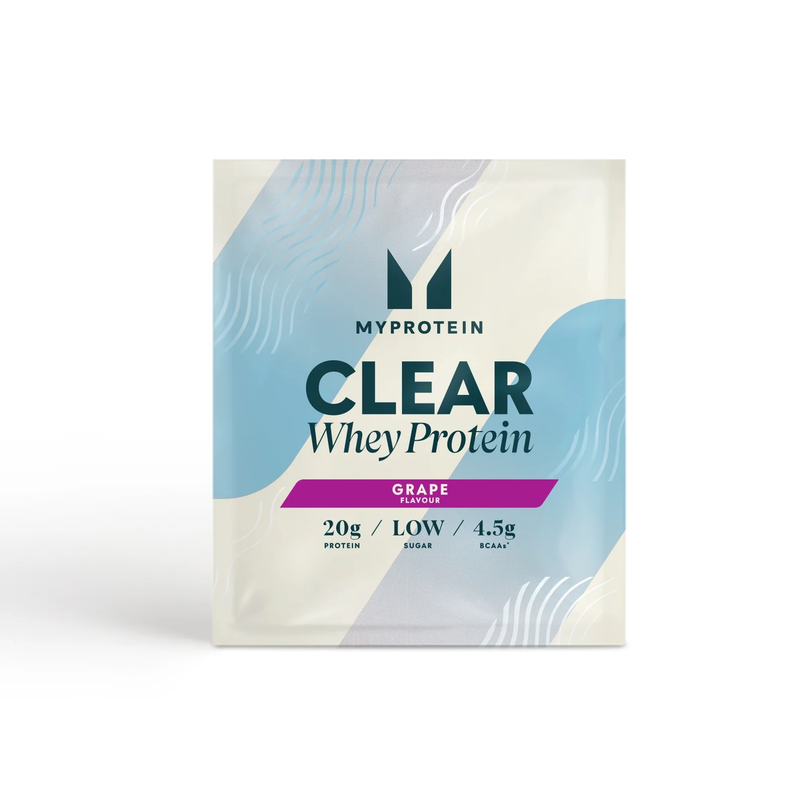 Een wit zakje met blauwe en paarse accenten, met de tekst "Clear Whey Protein.