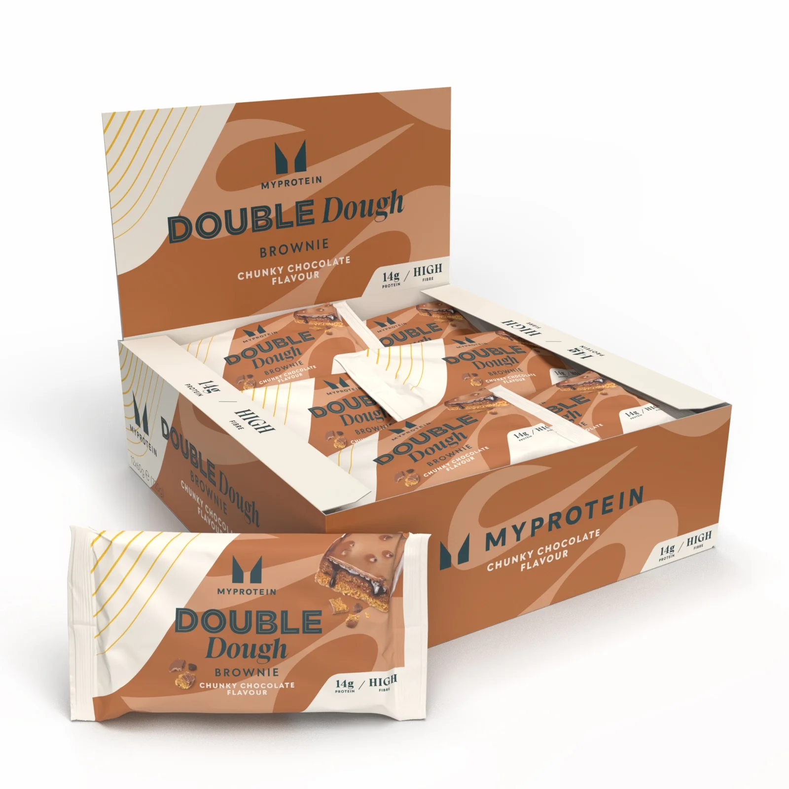 Een doos Myprotein brownies, individueel verpakt in wit-bruine verpakking, met de tekst "Double Dough.