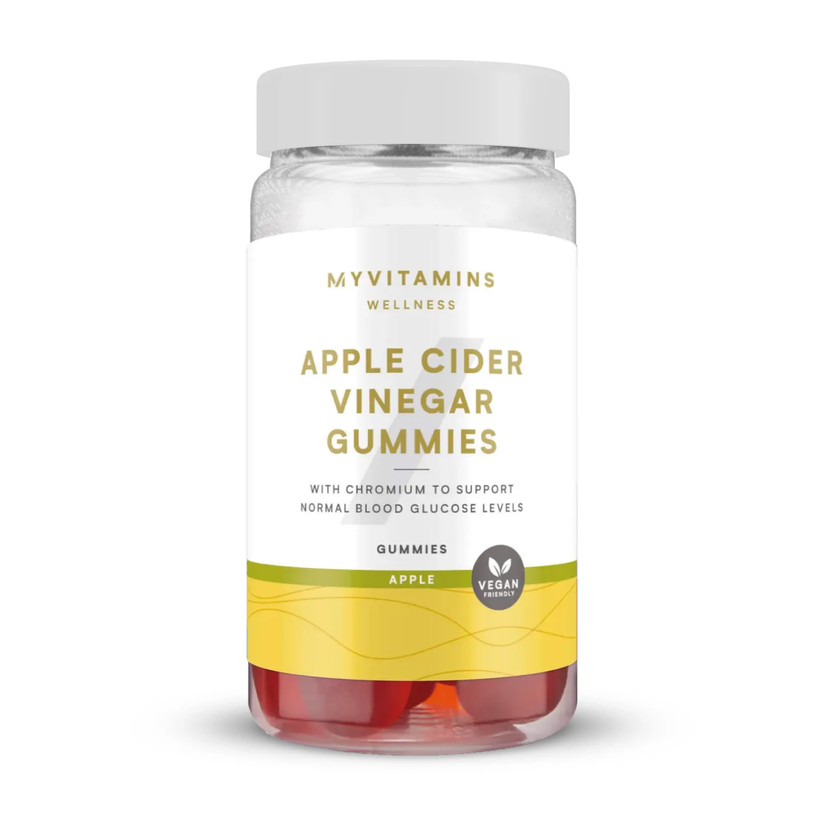 Een doorzichtige pot met witte deksel, gevuld met rode appelciderazijn gummies.