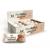 Een doos met individueel verpakte chocolade karamel rollen, met een losse verpakking ervoor.