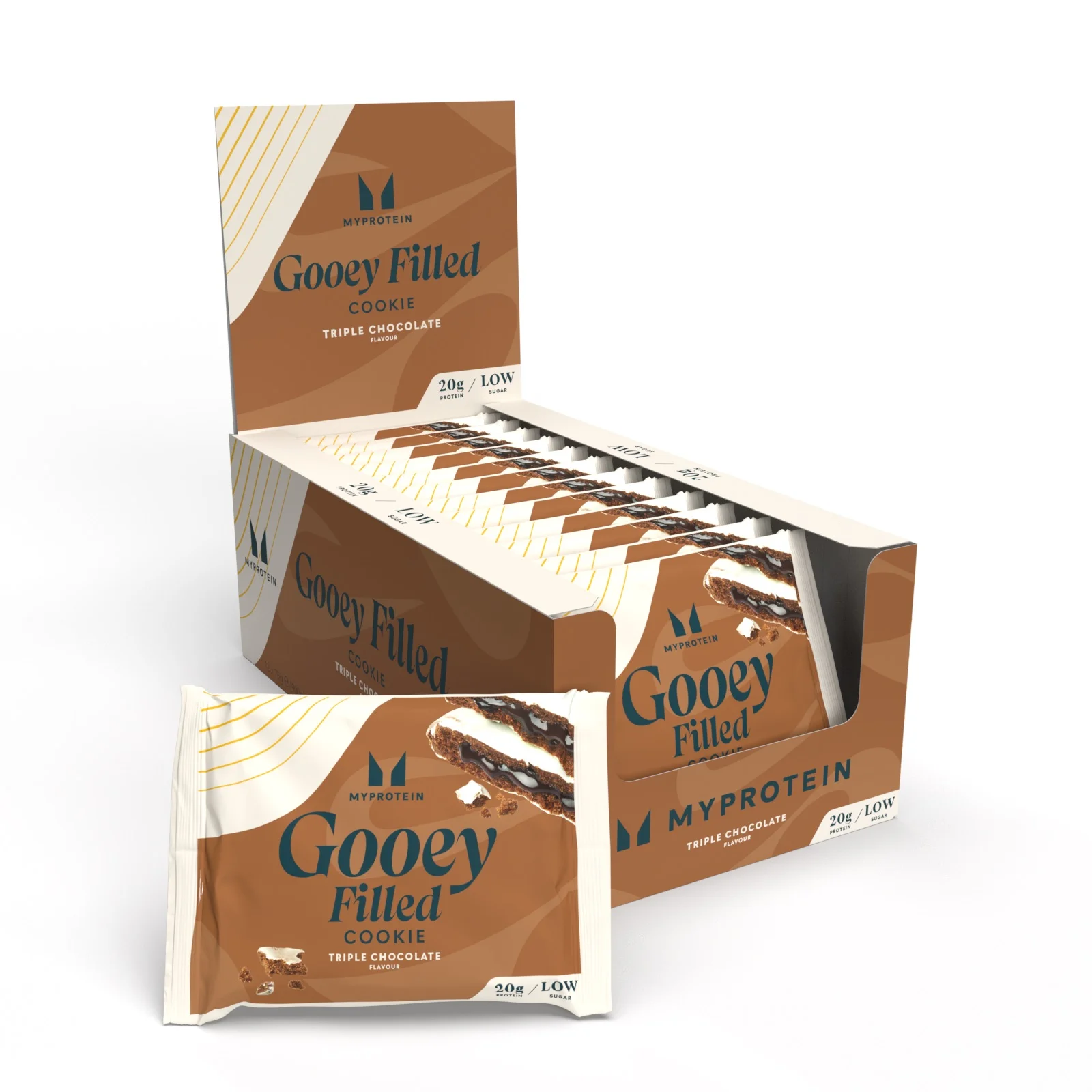 Een doos met individueel verpakte, gevulde koekjes van Myprotein, met bruine en witte verpakking.