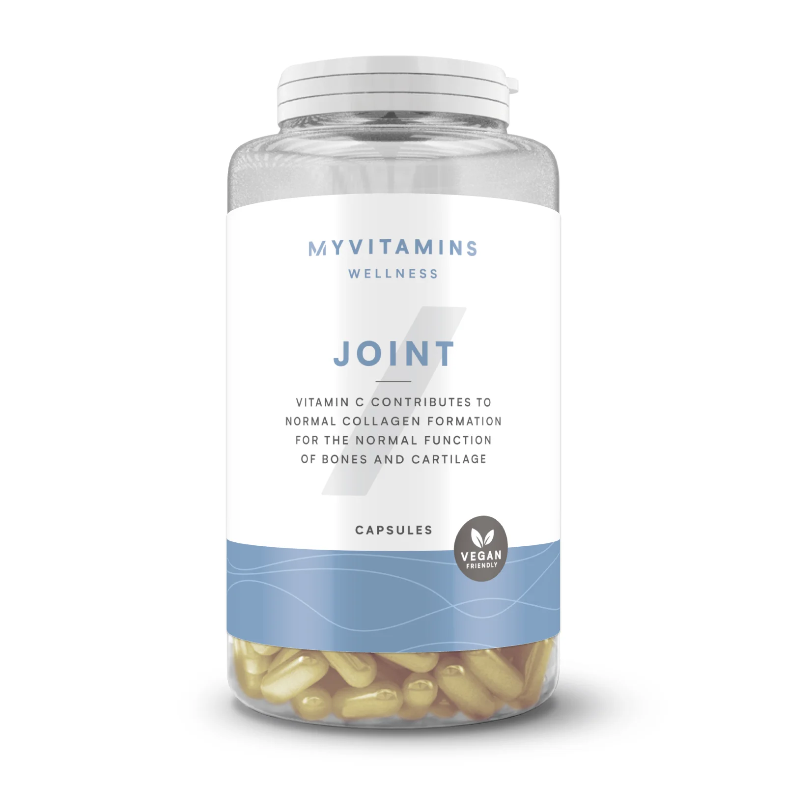 Transparante pot met witte deksel, gevuld met goudkleurige capsules.