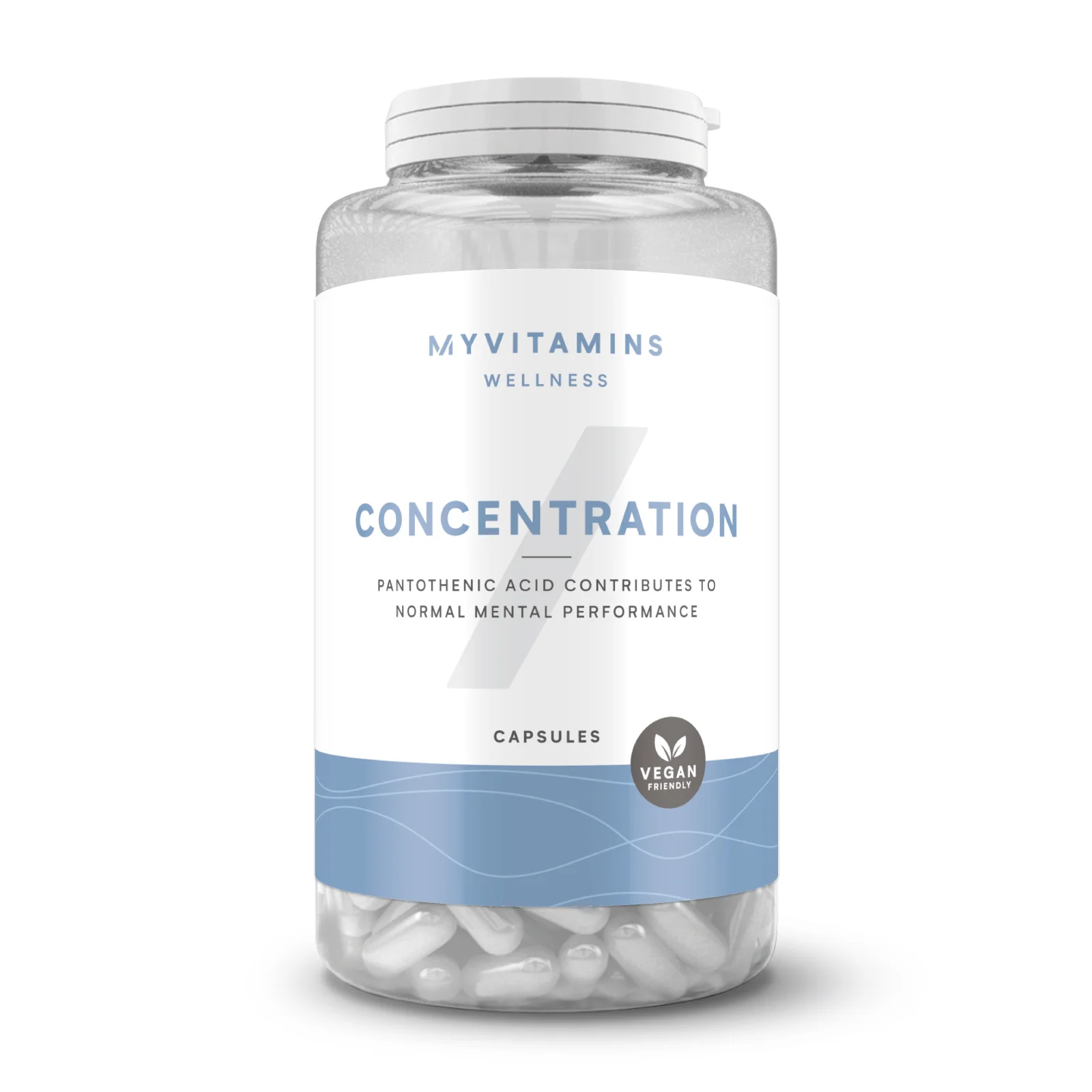 Transparante pot met witte capsules en een wit etiket met blauwe accenten.