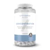 Transparante pot met witte capsules en een wit etiket met blauwe accenten.