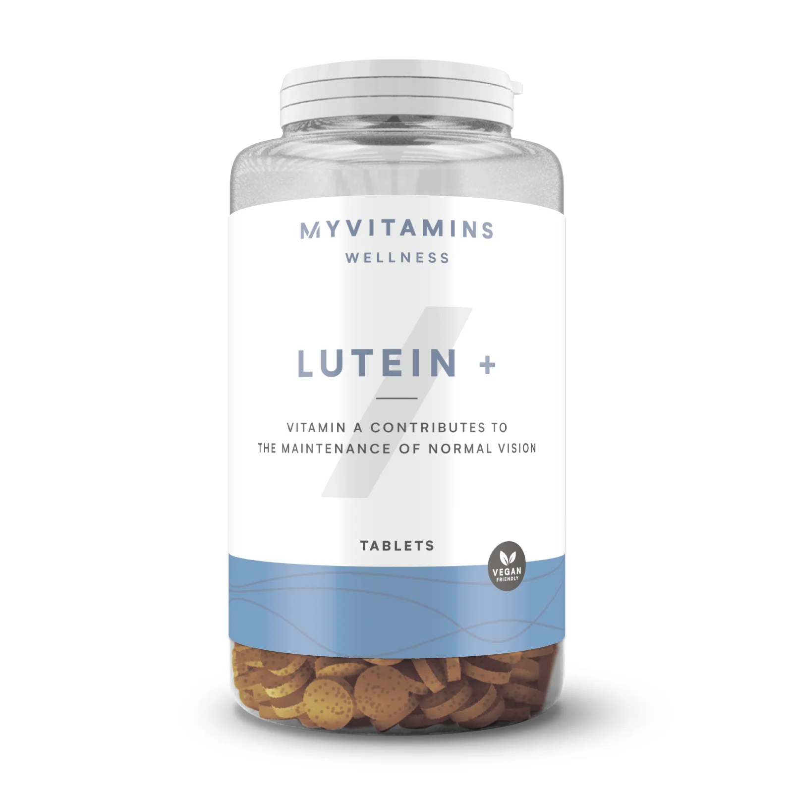 Transparante pot met witte deksel, gevuld met bruine tabletten.