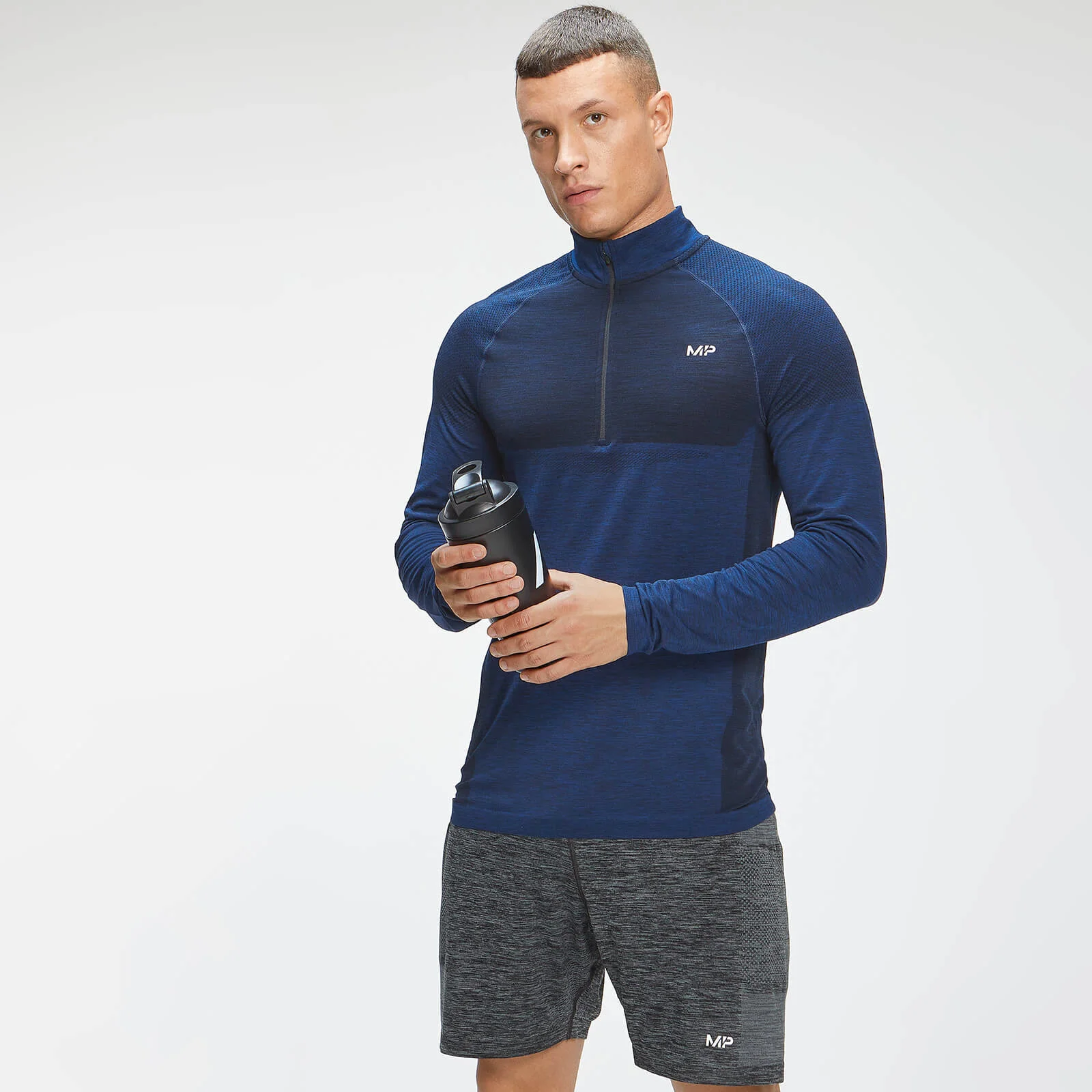 MP Men's Essential Seamless 1/4 Zip Top - Intense Blue Marl - XXS Afbeelding 1