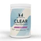 Een witte pot Myprotein Clear wei-elektrolyt met blauwe en paarse accenten.