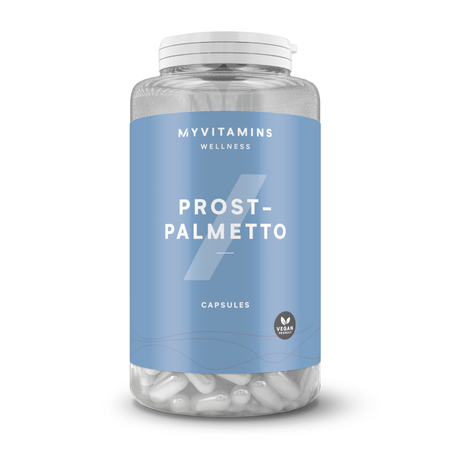 Een doorzichtige plastic pot met een blauw etiket, gevuld met witte capsules en een witte deksel.