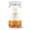 Transparante pot met witte deksel, gevuld met oranje vitamine D gummies van Myvitamins.
