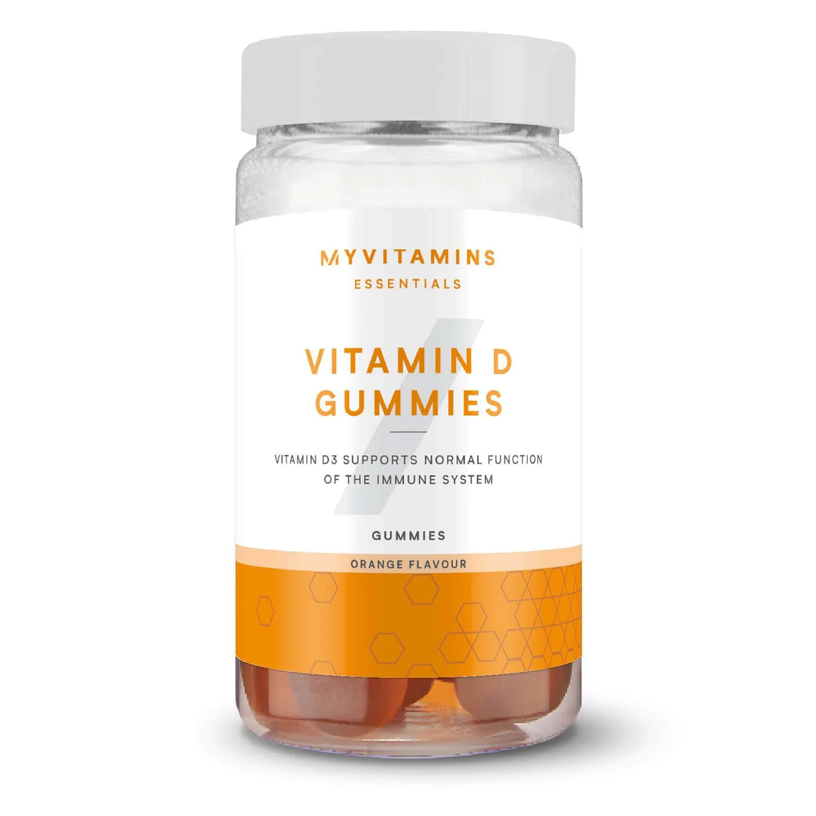 Een doorzichtige pot met witte deksel, gevuld met oranje vitamine D gummies.