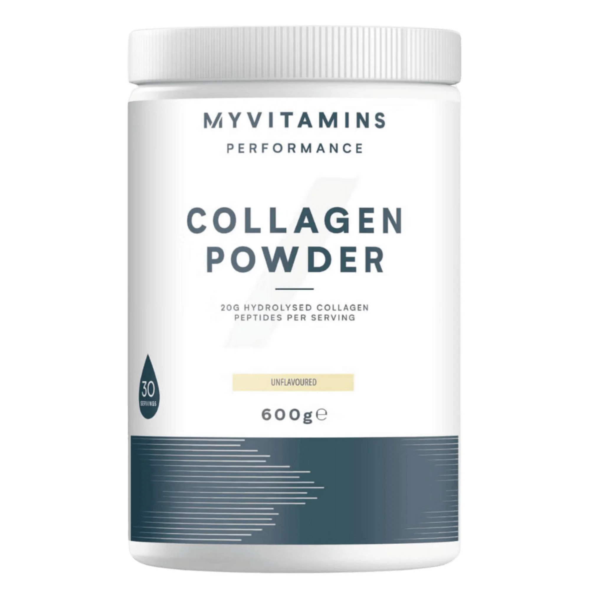 Witte pot met een wit deksel, met daarop de tekst "Collagen Powder" en het merk "Myvitamins.