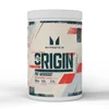 Witte pot met een etiket met de tekst "Myprotein Origin Pre-Workout Strawberry Laces.