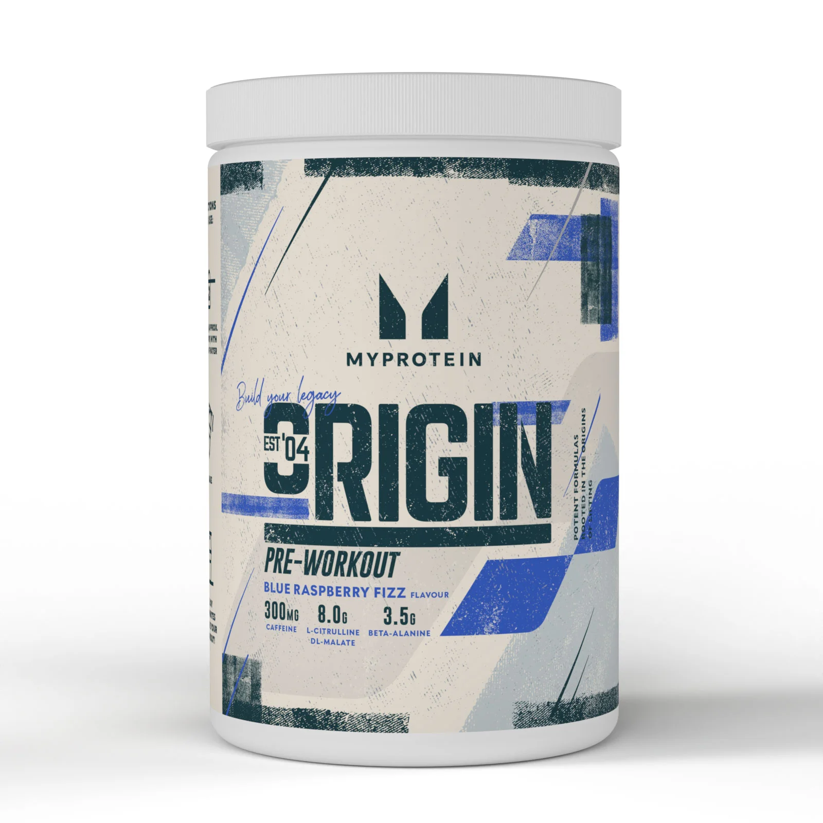 Witte pot met een blauw-wit etiket, met de tekst "Origin Pre-Workout" van Myprotein.
