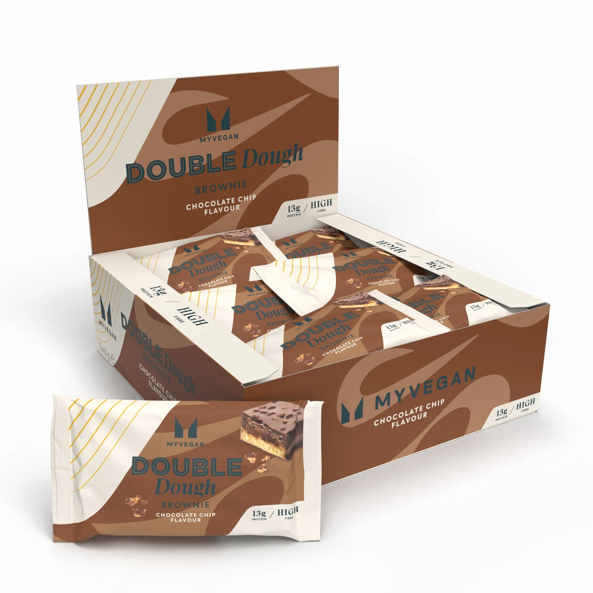 Een doos met individueel verpakte Myvegan Double Dough brownies met chocoladesmaak.