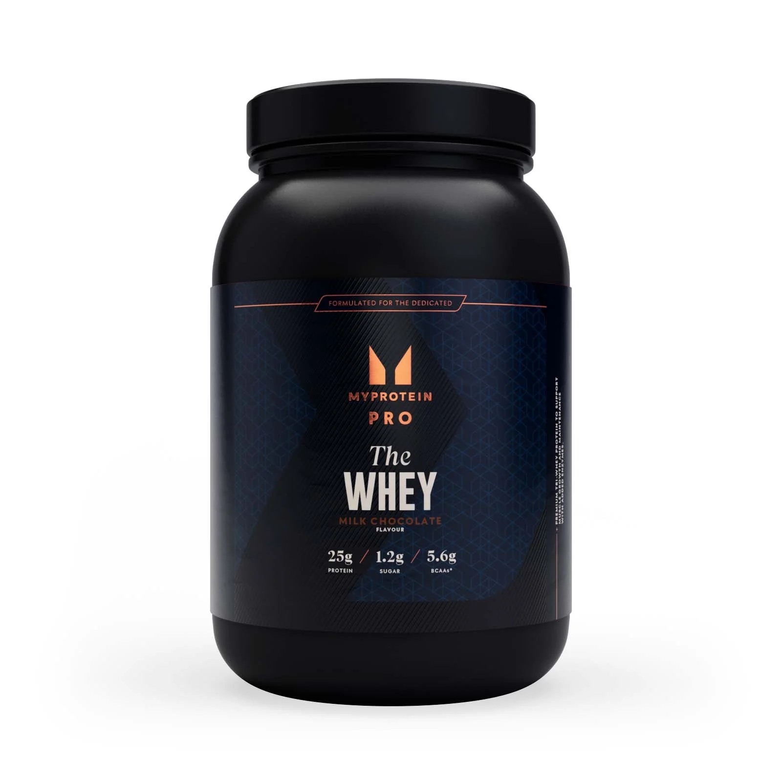 Zwarte plastic pot met een etiket met de tekst "Myprotein THE Whey.