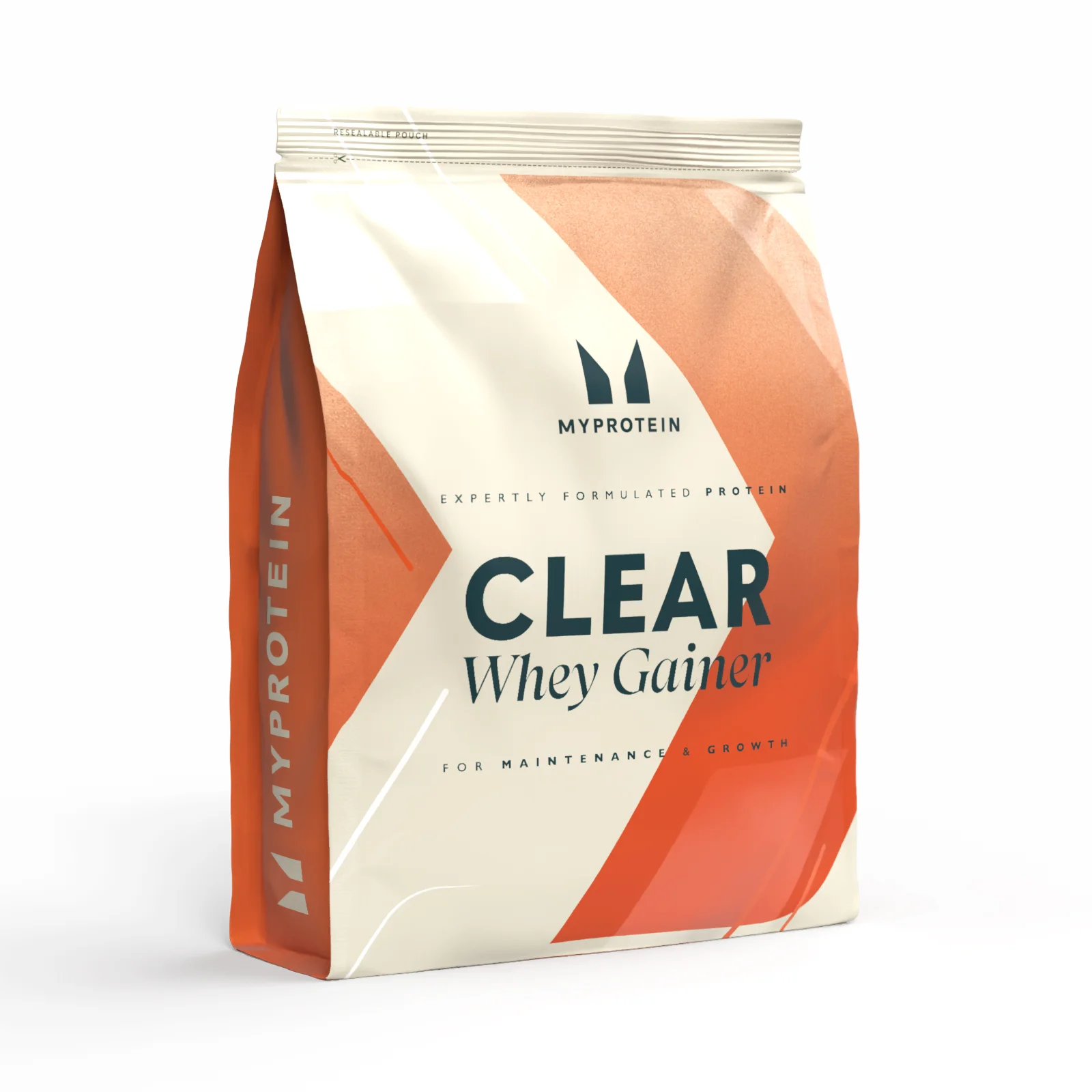 Een witte zak met oranje accenten, met de tekst "Clear Whey Gainer" van Myprotein.