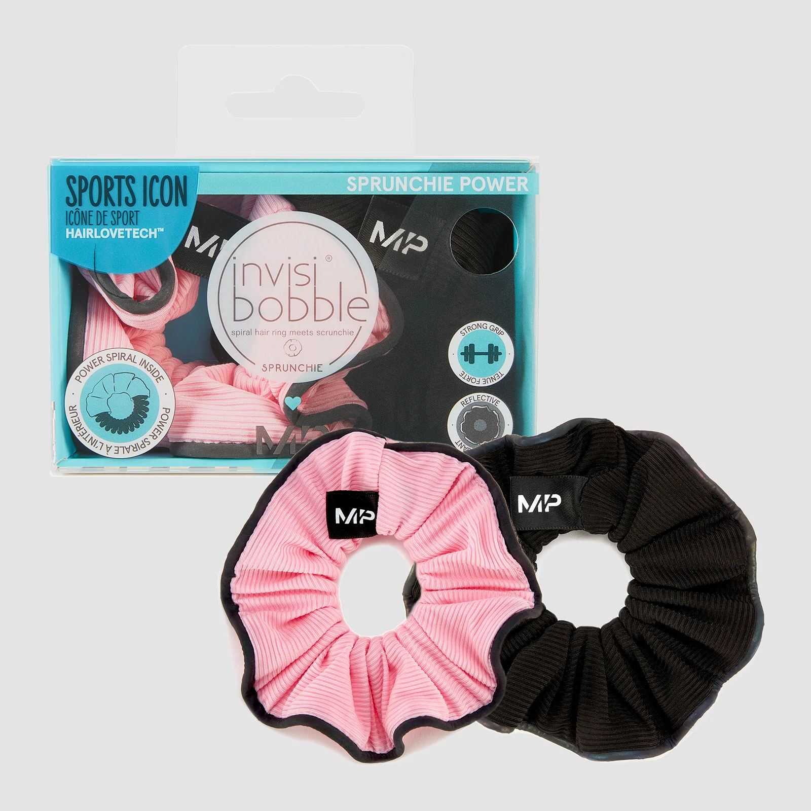 Twee haarwokkel: één roze met zwarte rand, één geheel zwart, beide met het MP logo.