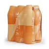 Zes flessen helder proteïnewater van Myprotein, verpakt in een oranje kartonnen houder.