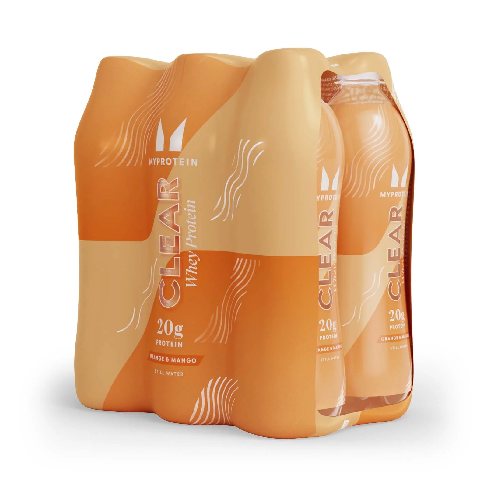Zes oranje-mango proteïnedrankjes van Myprotein in plastic flessen, verpakt in een plastic houder.
