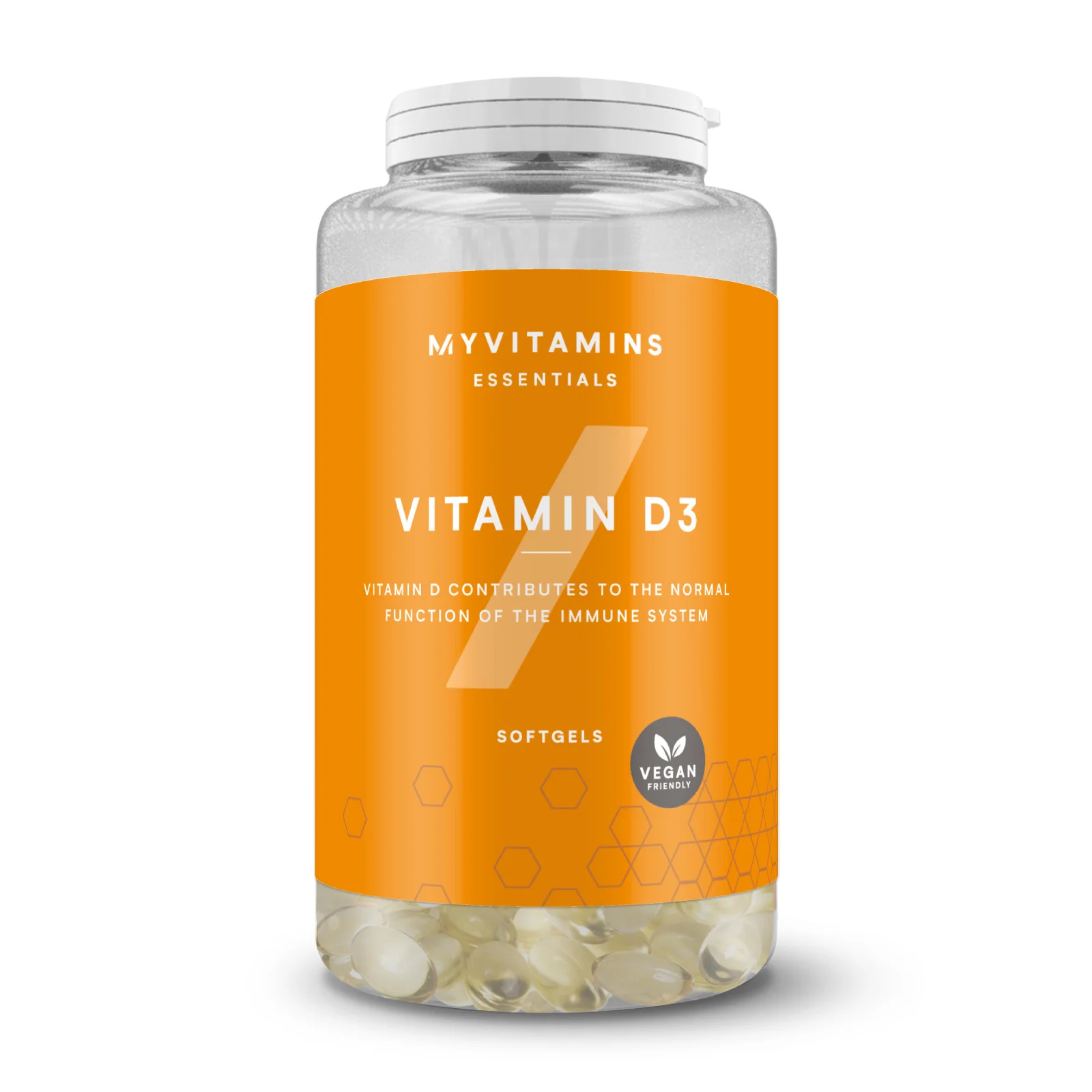 Transparante pot met oranje etiket, gevuld met kleine, ronde, witte softgels.