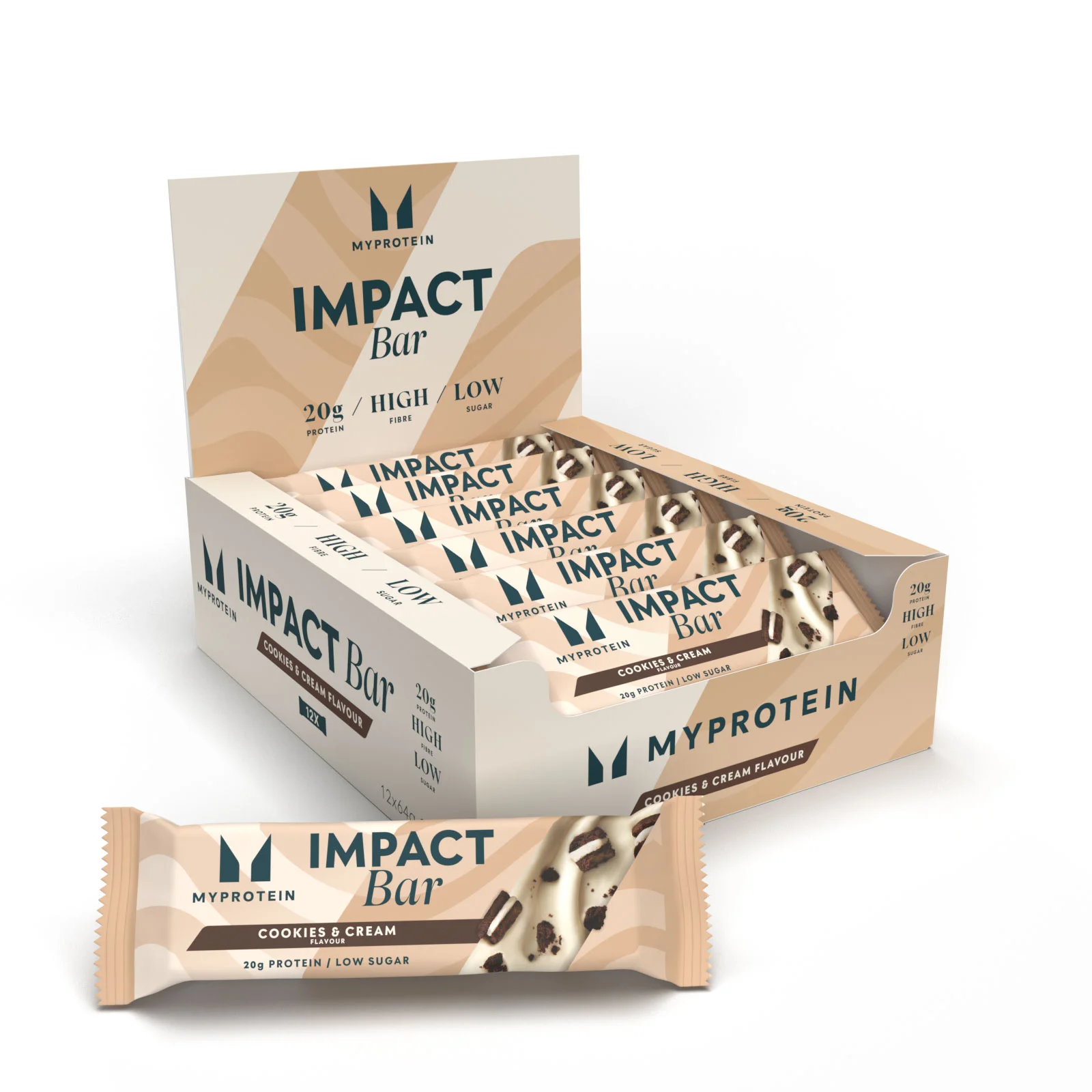 Een doos met Myprotein Impact Protein Bars, cookies en room smaak, met een losse reep ervoor.