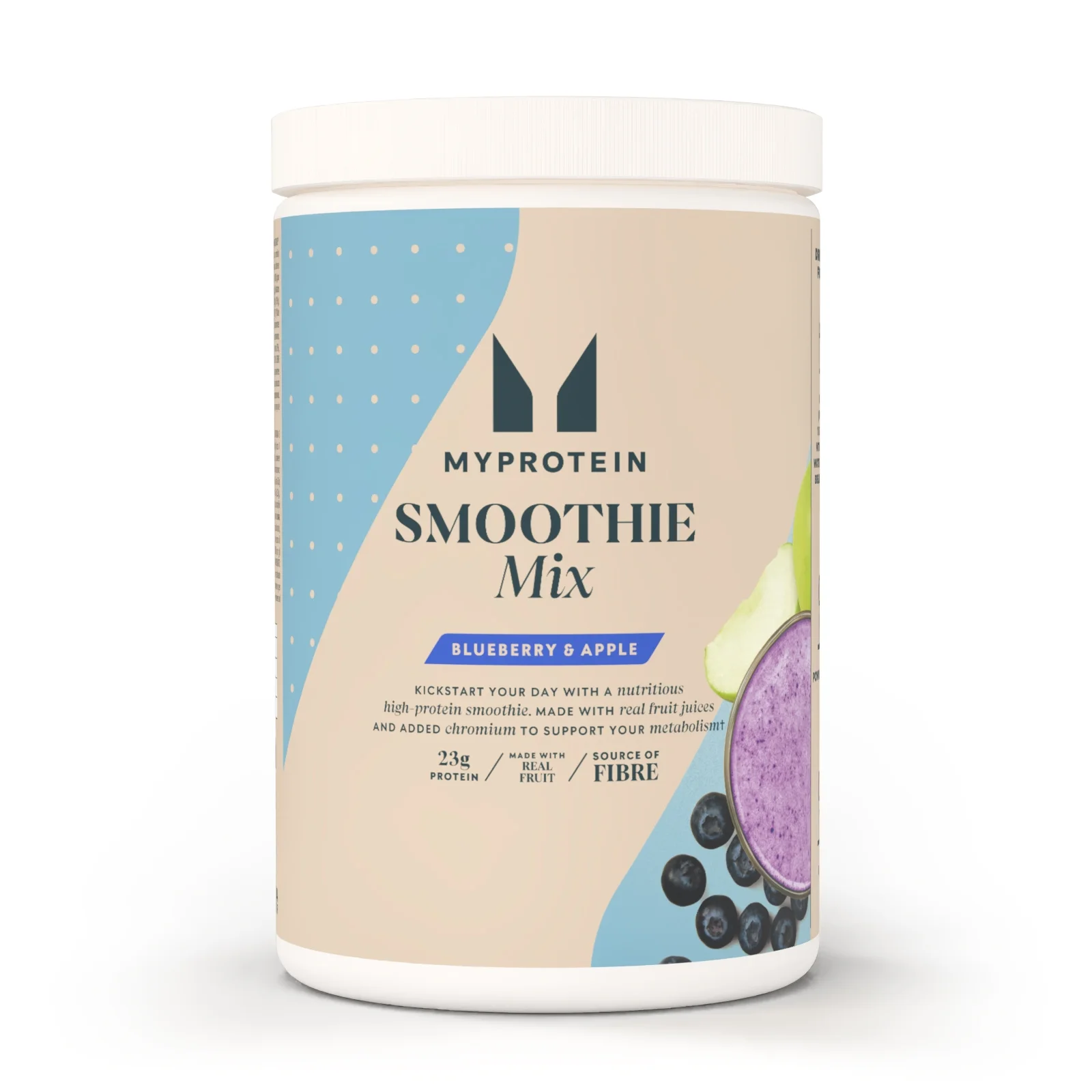 Een witte pot met een lichtbruin etiket, met blauwe accenten en de tekst "Myprotein Smoothie Mix.