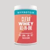 Een witte pot 'Myprotein Clear All-In-One' met een oranje etiket en blauwe accenten.