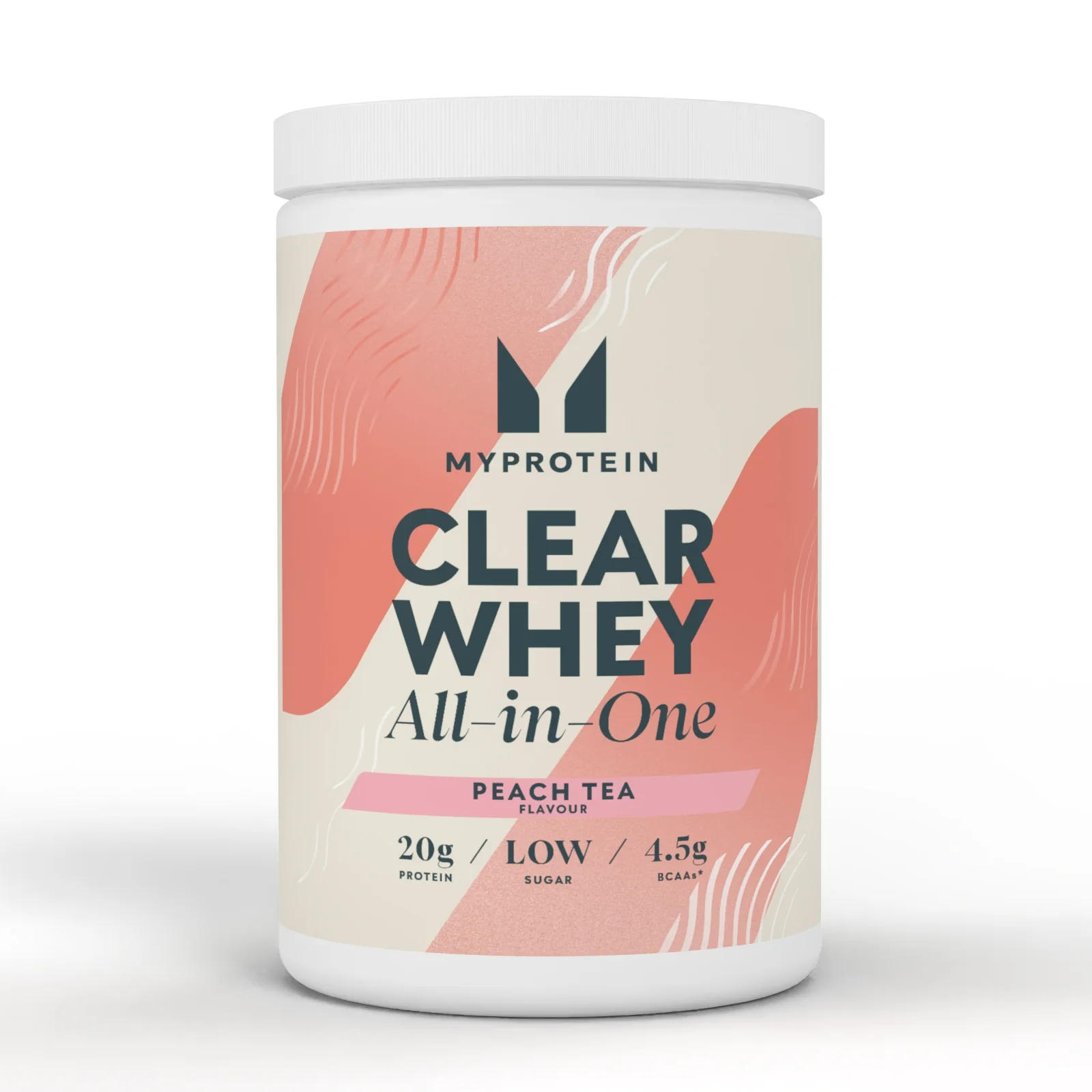 Een witte pot met een etiket in perzik- en crèmekleuren, met de tekst "Clear Whey All-in-One.