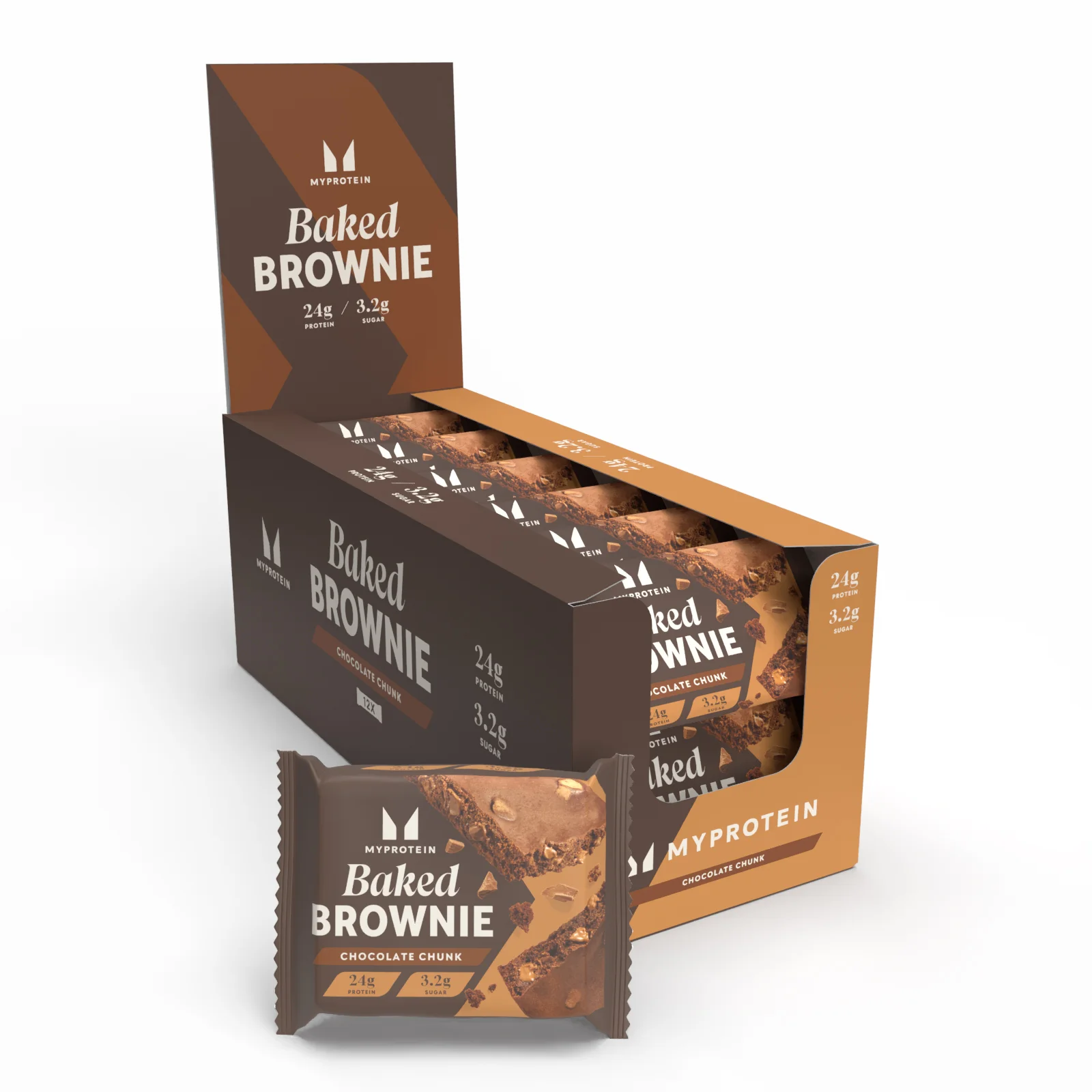 Een doos met twaalf individueel verpakte chocolade brownies van Myprotein, met een bruine verpakking.