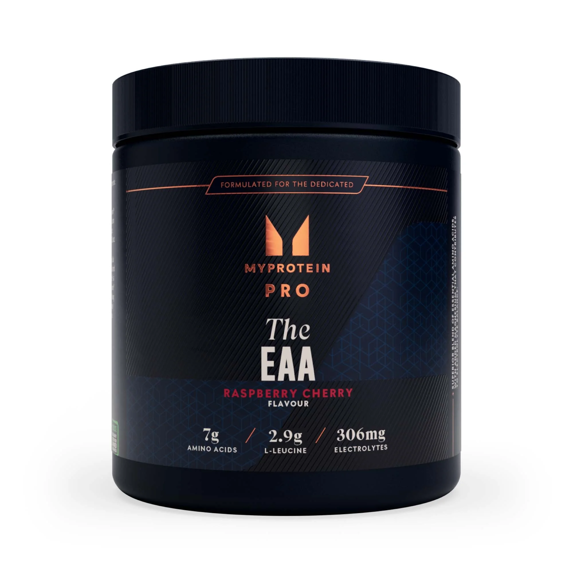 Zwarte pot met etiket voor Myprotein EAA poeder, framboos-kers smaak.