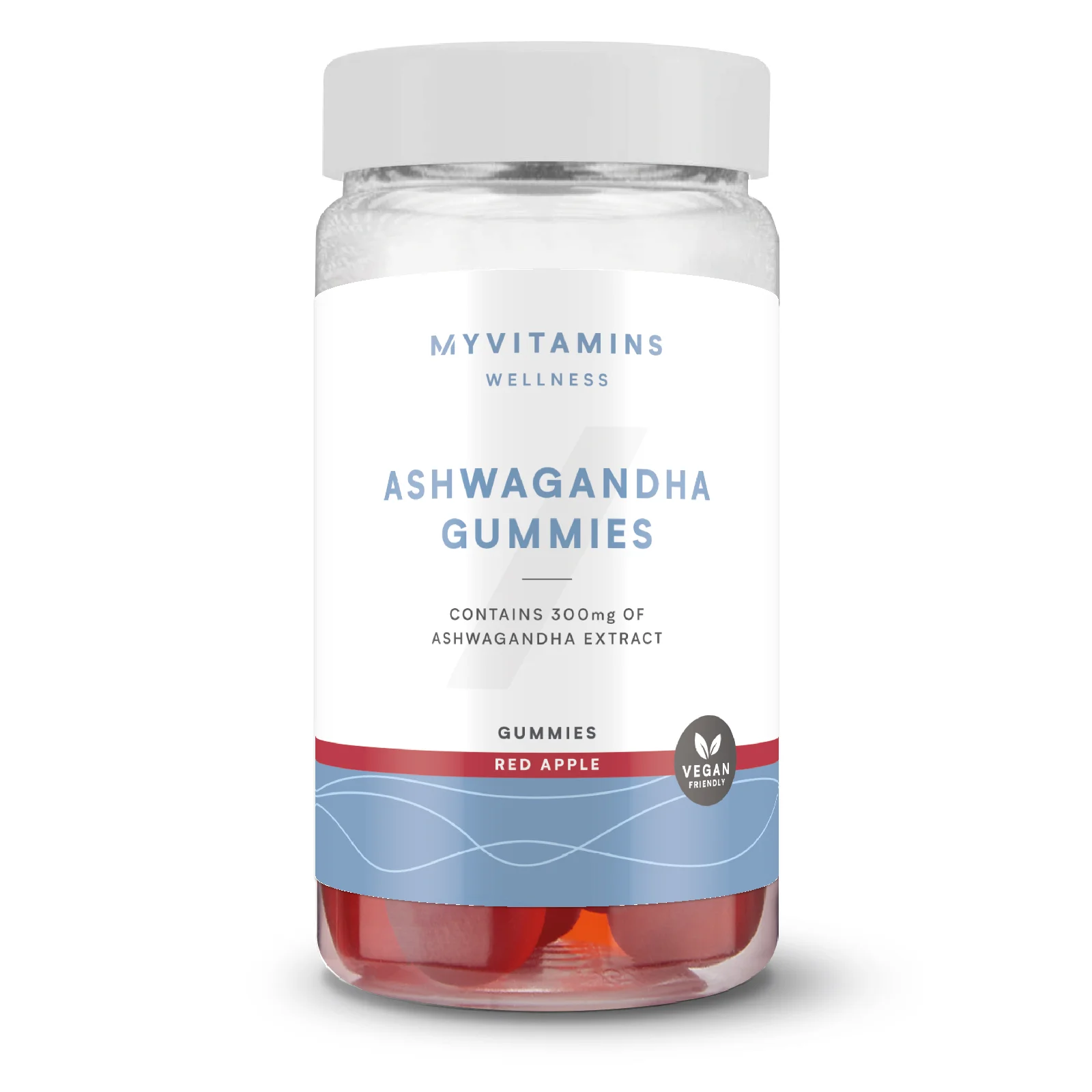 Transparante pot met witte deksel, gevuld met rode gummies.