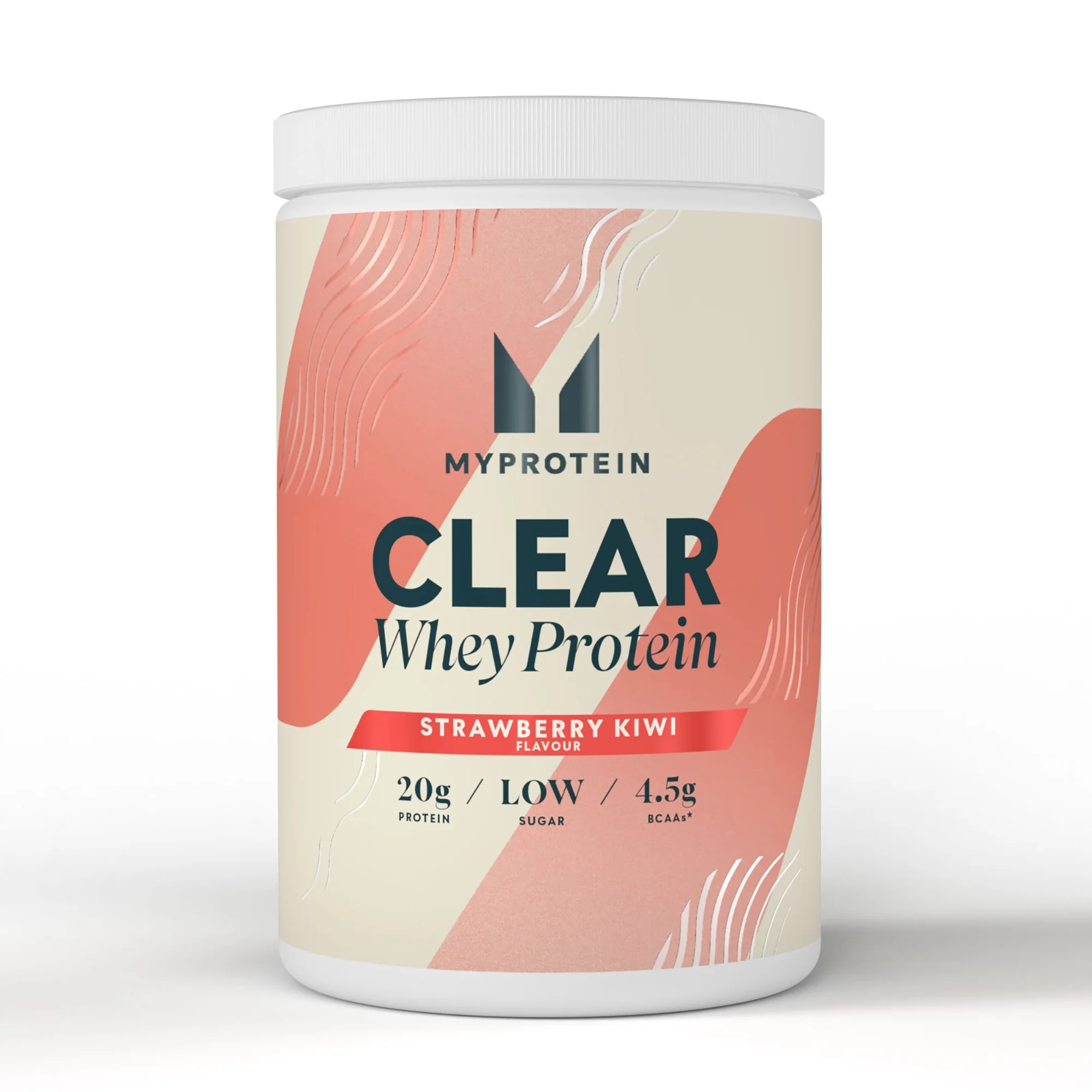 Een witte pot Myprotein Clear Whey Isolate, met roze accenten en productinformatie op het etiket.