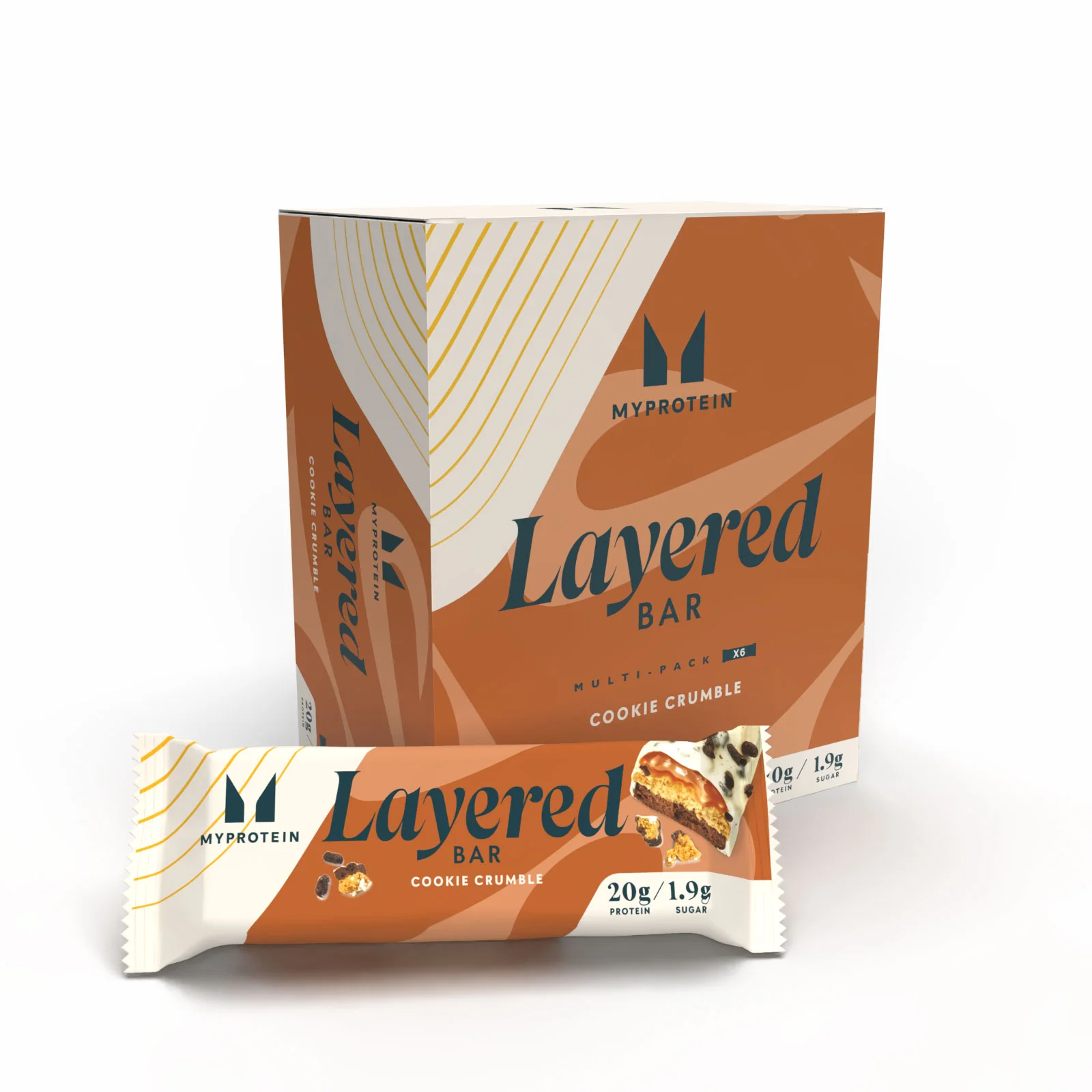 Een doos en een individuele Myprotein Layered Bar, met bruine en witte verpakking.