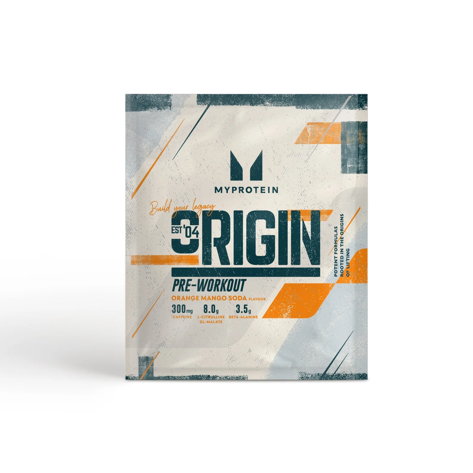 Een wit zakje met het Myprotein logo, met de tekst "Origin Pre-Workout" in oranje en zwart.