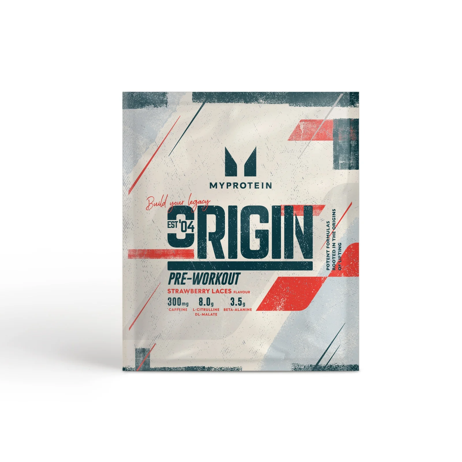 Een wit zakje 'Origin Pre-Workout' sample van Myprotein, met rode en blauwe accenten.