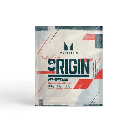 Een wit zakje 'Origin Pre-Workout' sample van Myprotein, met rode en blauwe accenten.