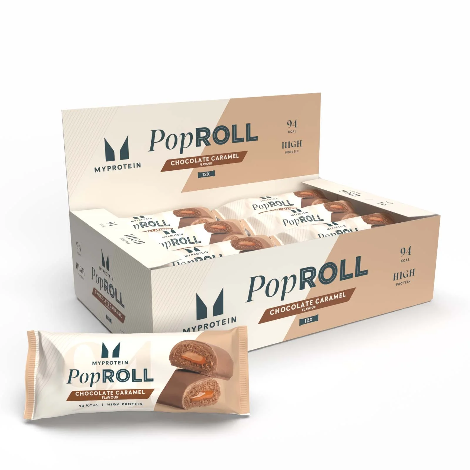 Een doos met Myprotein Pop Rolls, chocolade caramel smaak, en een losse verpakte reep.