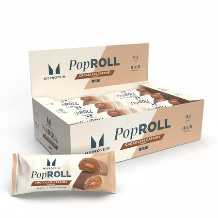 Een doos met Myprotein Pop Rolls, chocolade caramel smaak, en een losse verpakte reep.